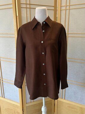 DKNY 100% Silk Button Down Blouse Chocolate Brown Size 10